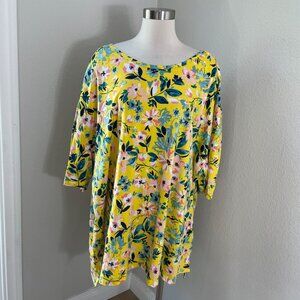 Woman Within Womens Plus 5X Floral Tunic Top Yellow Boat Neck Shirt Short Sleeve